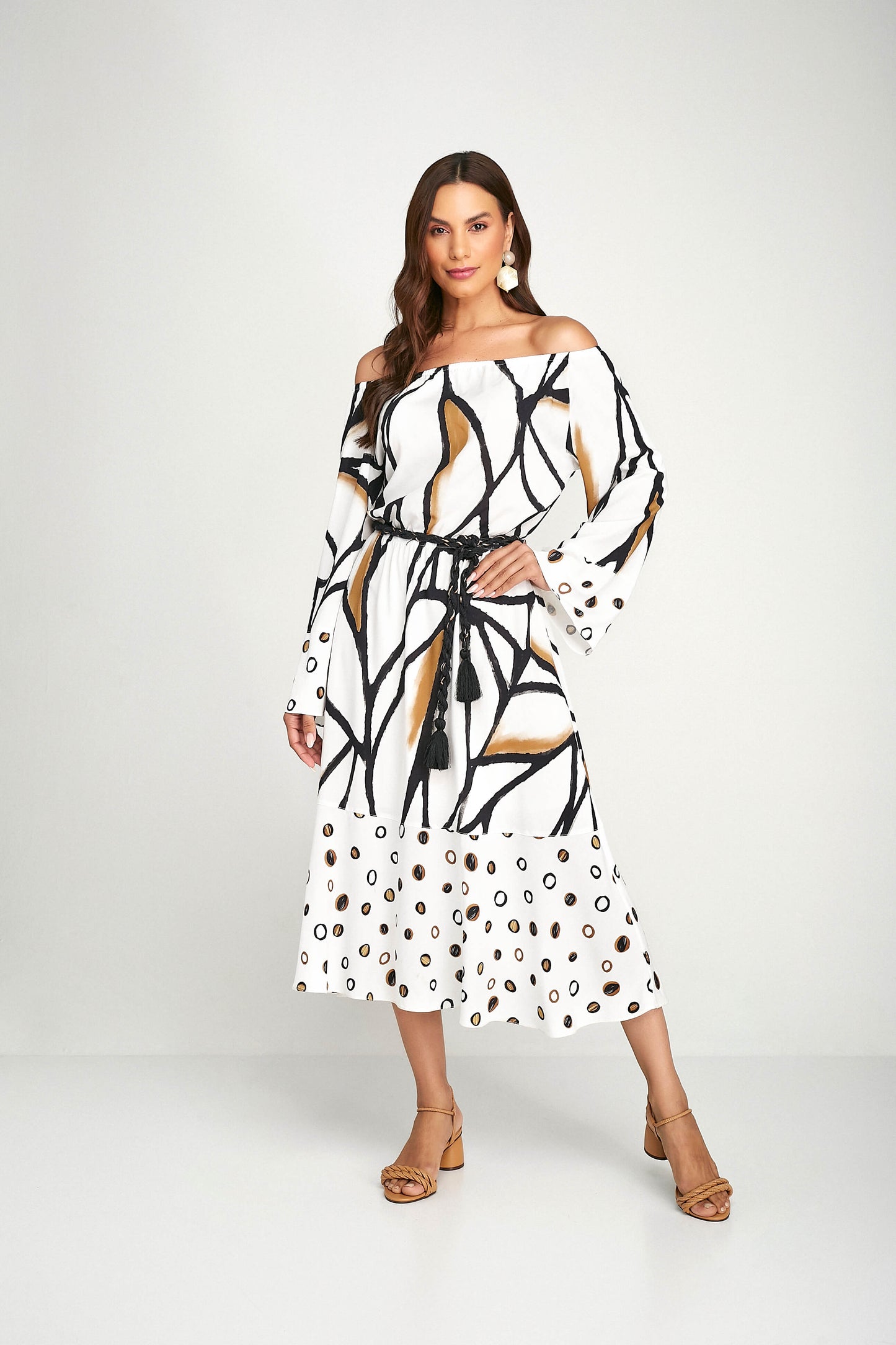 vestido viscose midi estampado com cinto