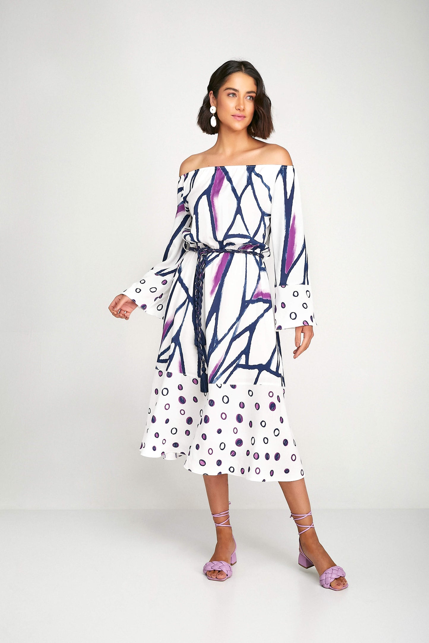 vestido viscose midi estampado com cinto
