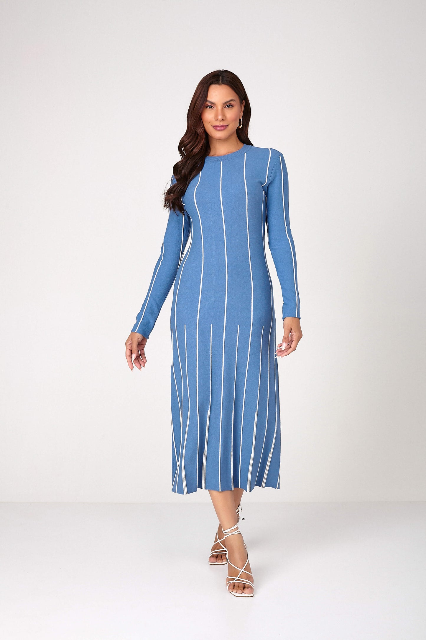 vestido tricot midi manga longa listras