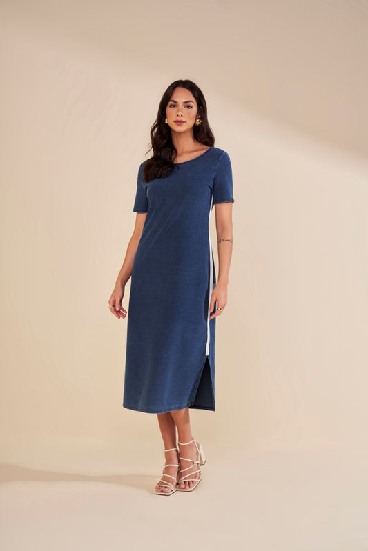 vestido malha denim midi com galão lateral