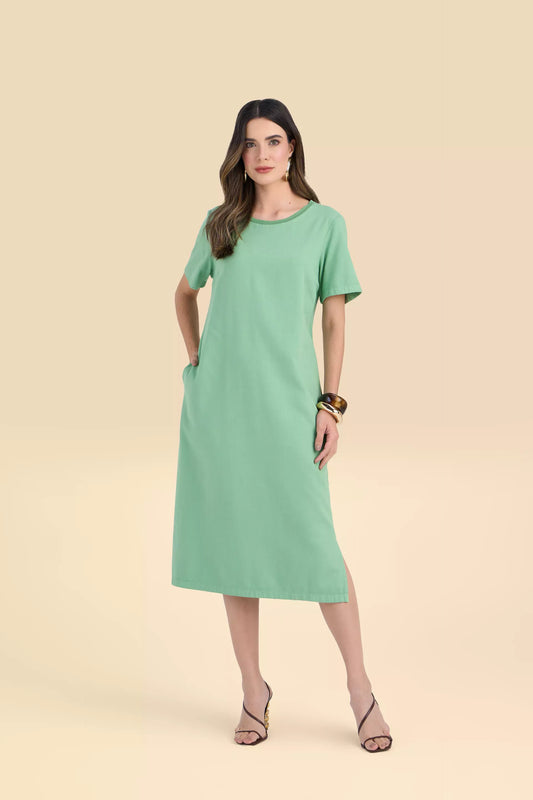 vestido sarja midi manga curta com tricot