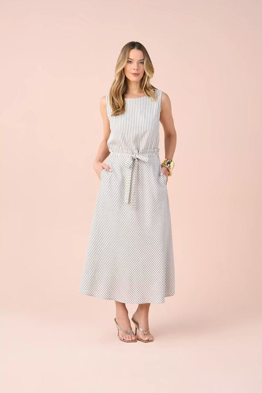 vestido viscose midi cós clochard listrado