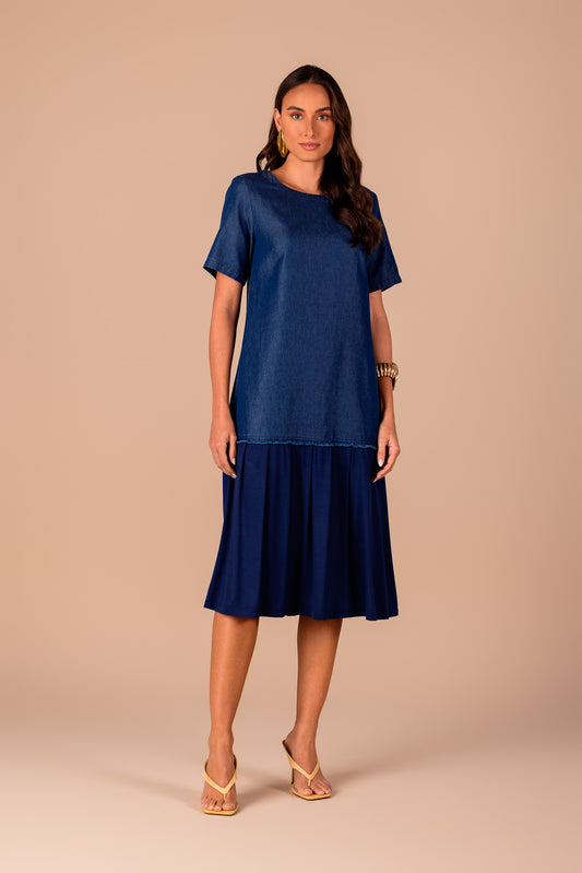 vestido jeans midi com mix de tecidos