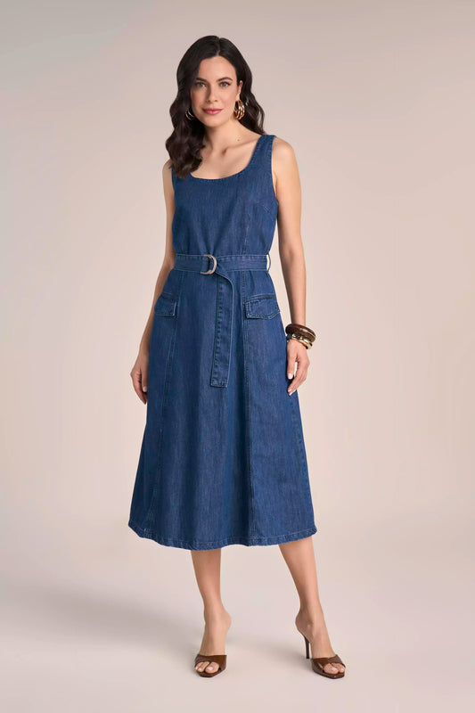 Vestido Jeans Midi com Bolsos e Cinto