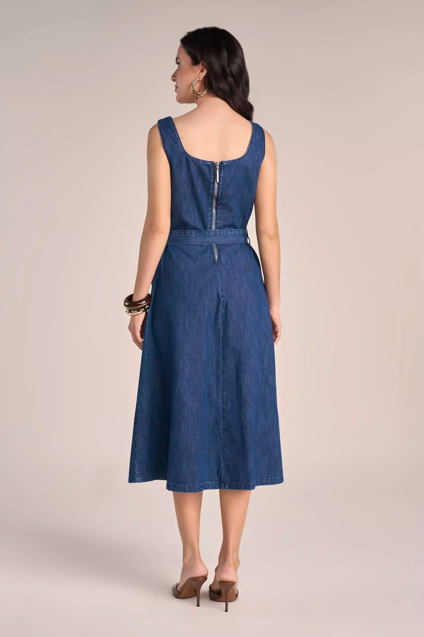 Vestido Jeans Midi com Bolsos e Cinto