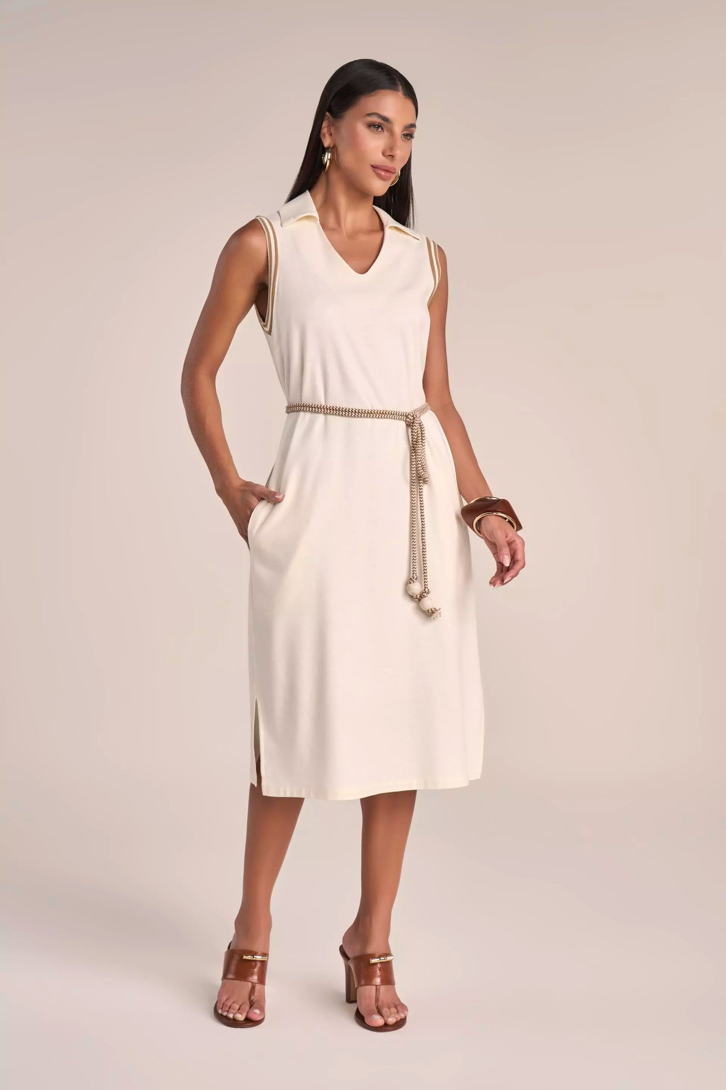 Vestido Viscose Midi sem Manga com Gola e Tricot
