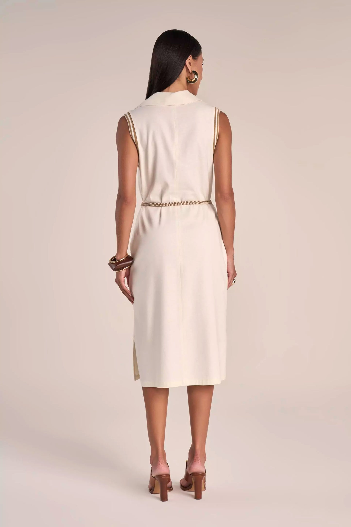 Vestido Viscose Midi sem Manga com Gola e Tricot