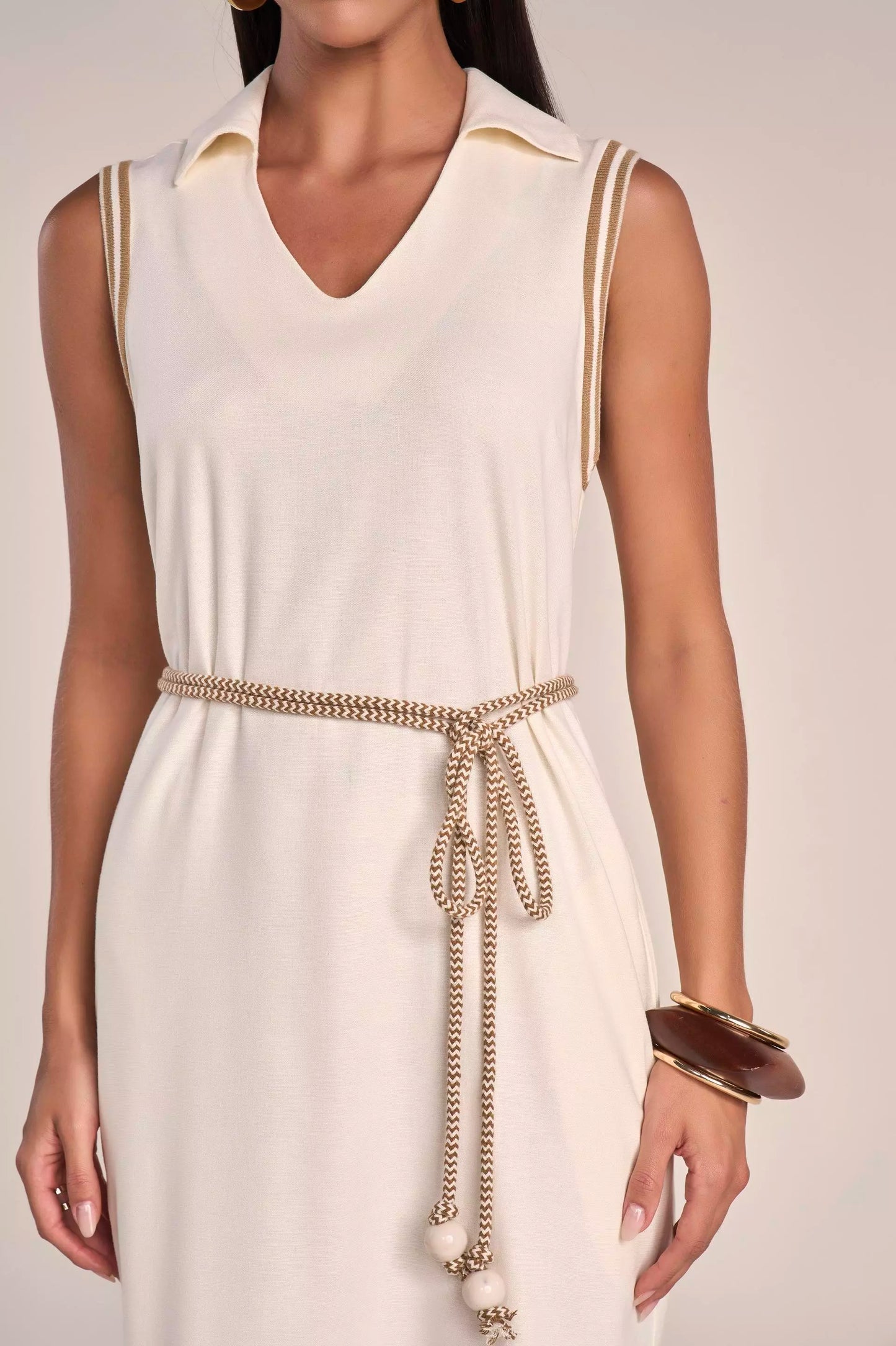 Vestido Viscose Midi sem Manga com Gola e Tricot