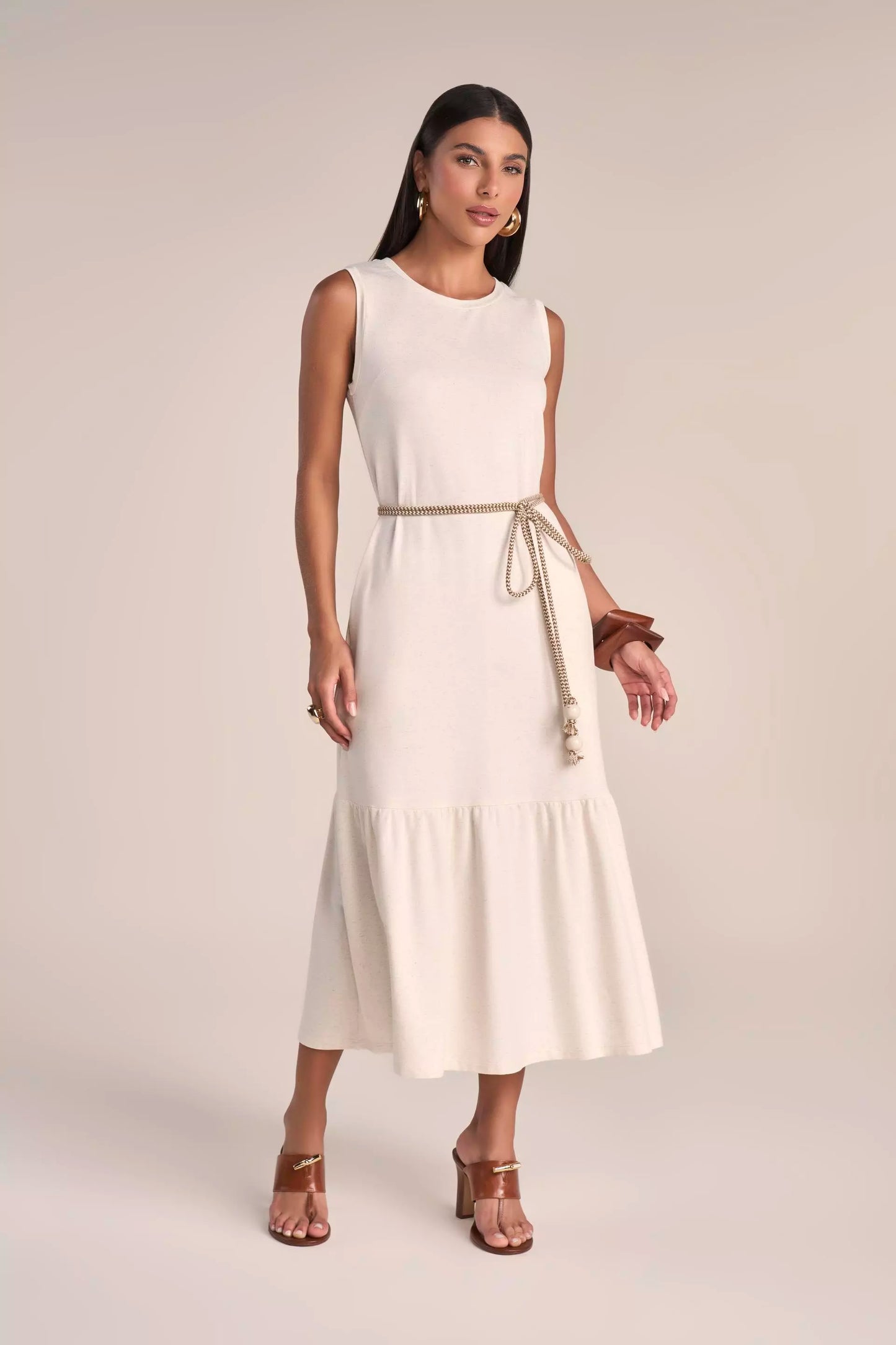 Vestido Malha Midi Alça Larga com Cinto