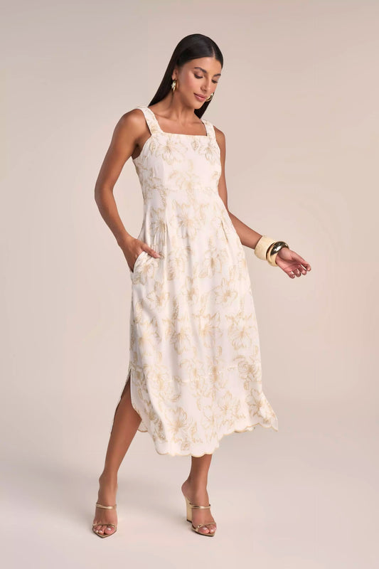 Vestido Viscose Midi Alça Larga com Detalhe Barrado