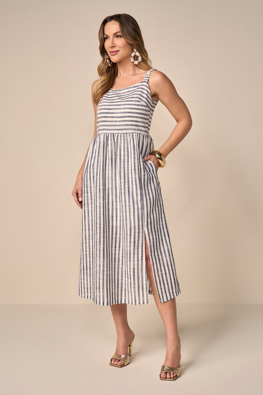 vestido algodão midi alça larga listrado com abertura