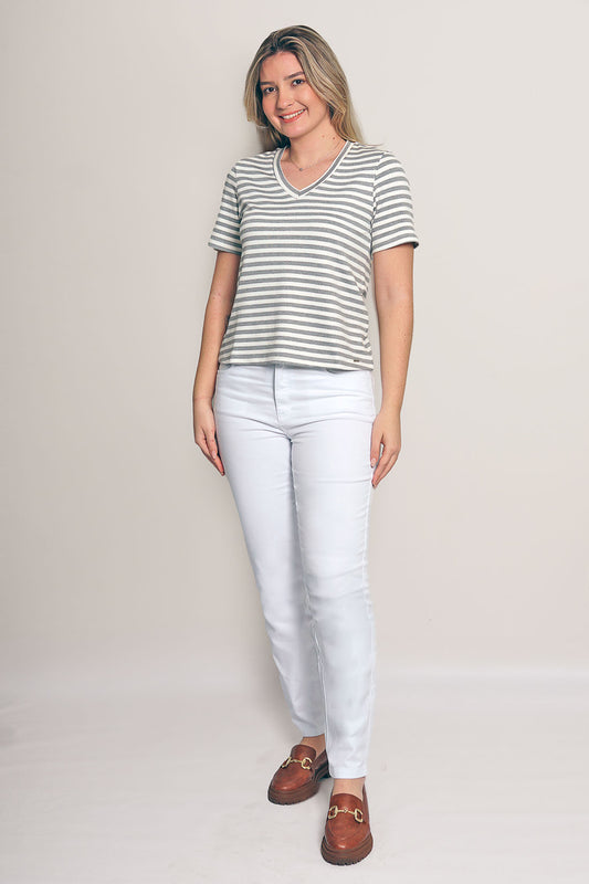 blusa malha manga curta decote v listrada