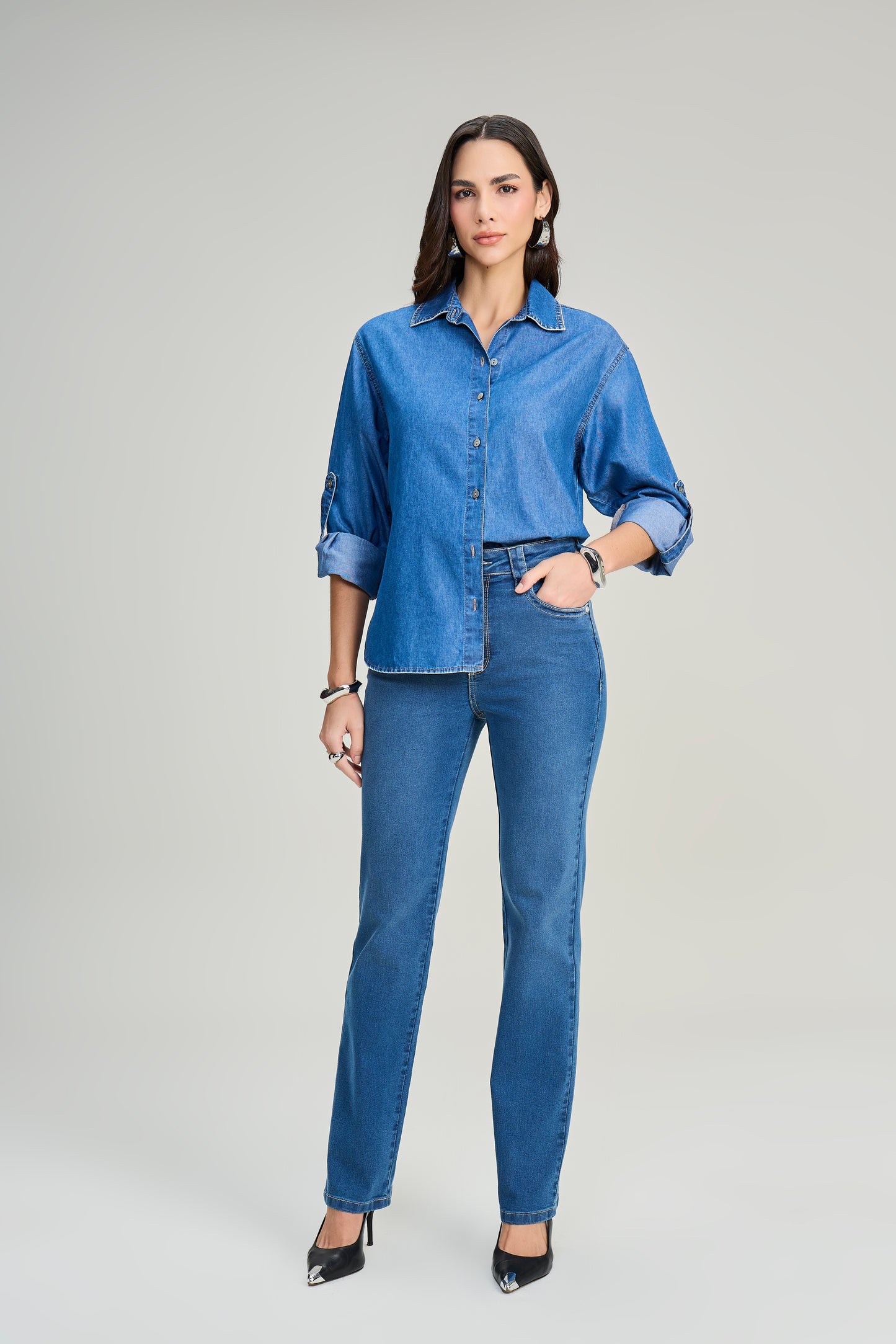 camisa jeans manga longa tradicional