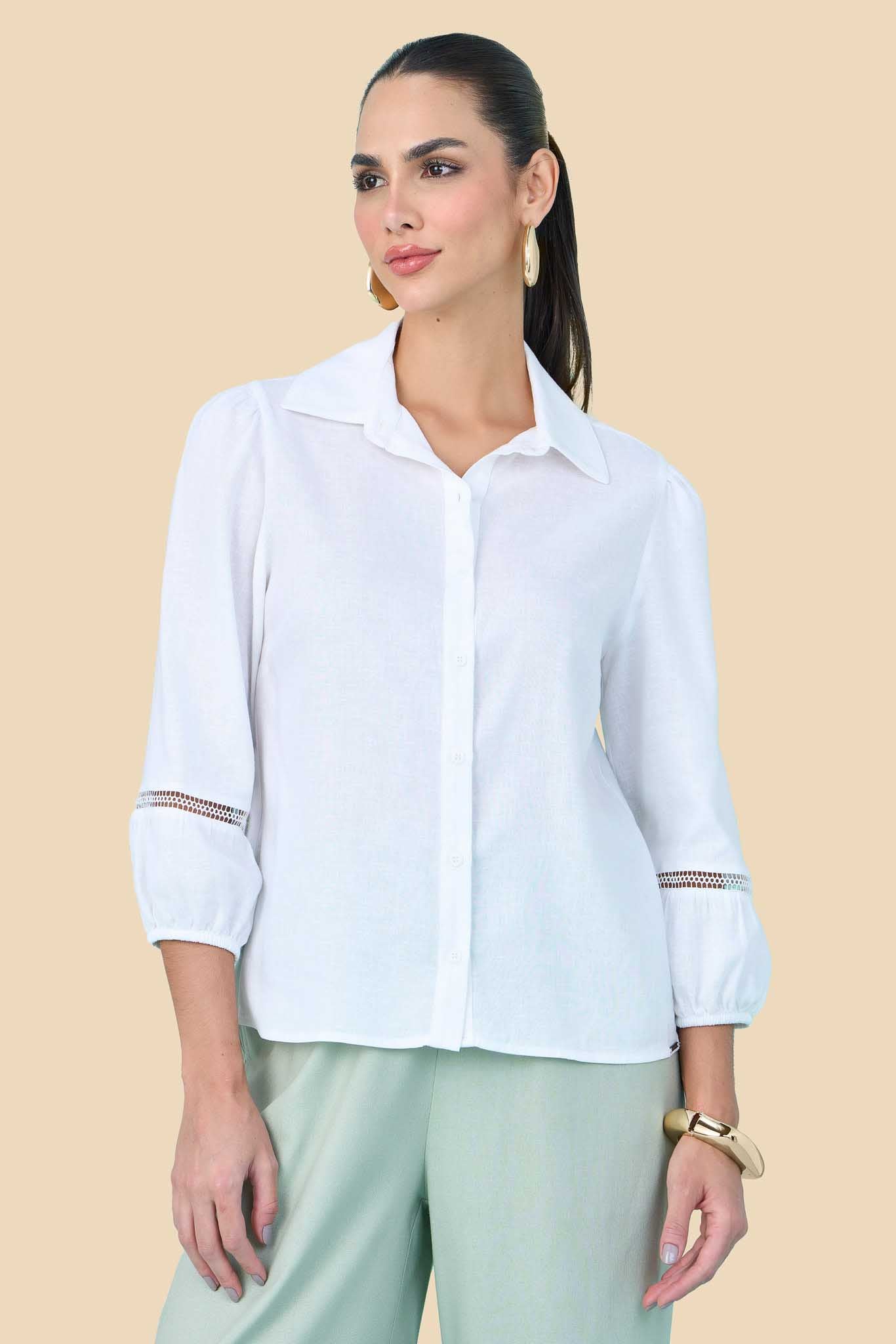 camisa viscose manga 7/8 com entremeios