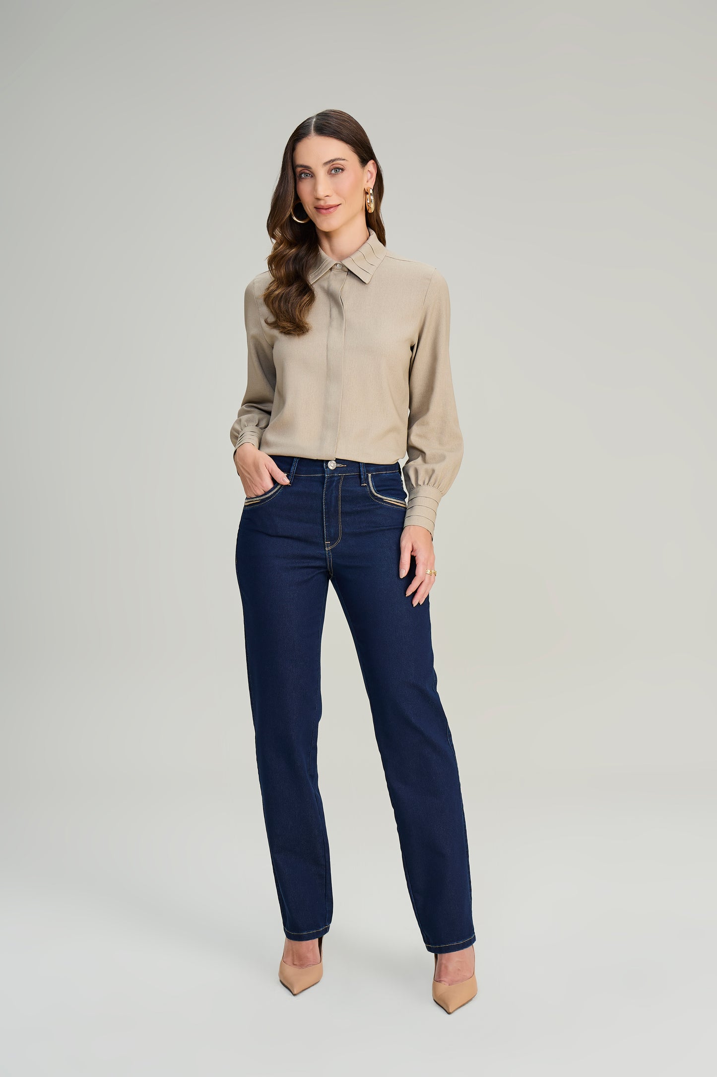 camisa viscose manga longa com nervuras