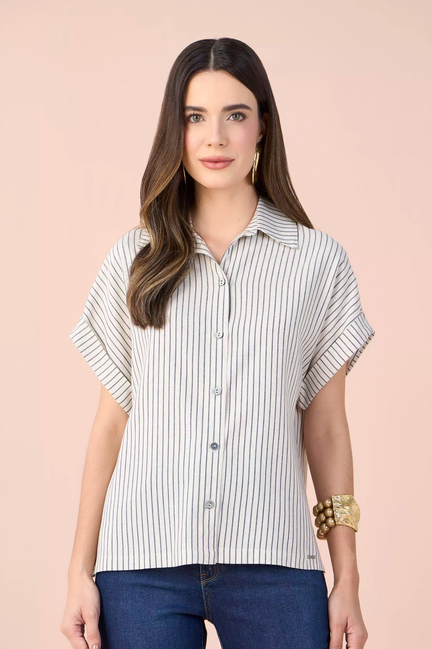 camisa viscose manga curta listrada