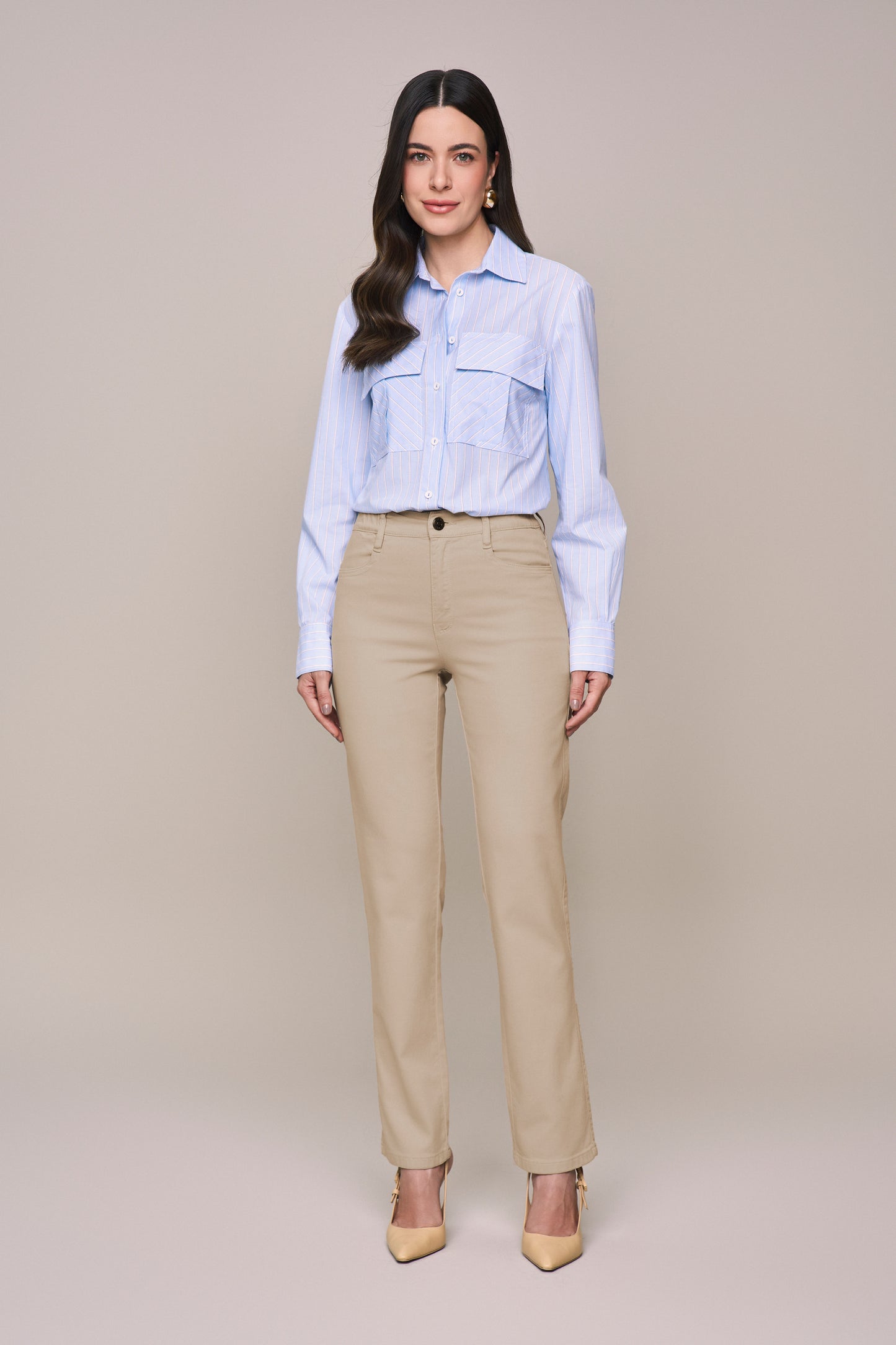 camisa algodão manga longa com bolsos sobrepostos