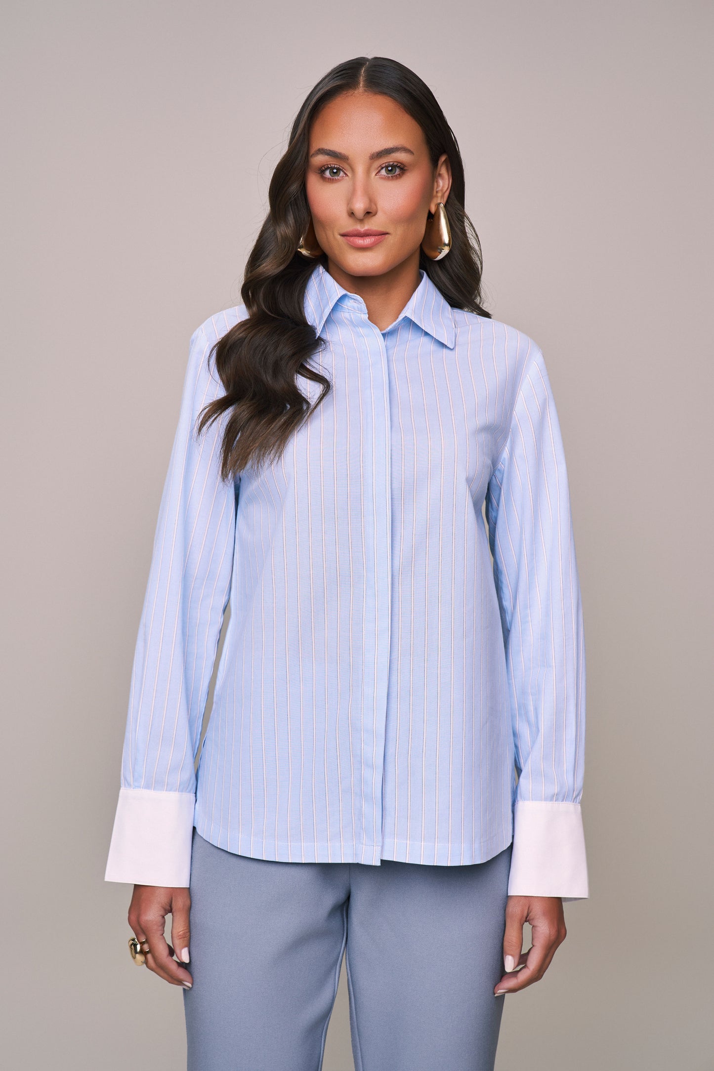 camisa algodão manga longa listrada com mix de tecido