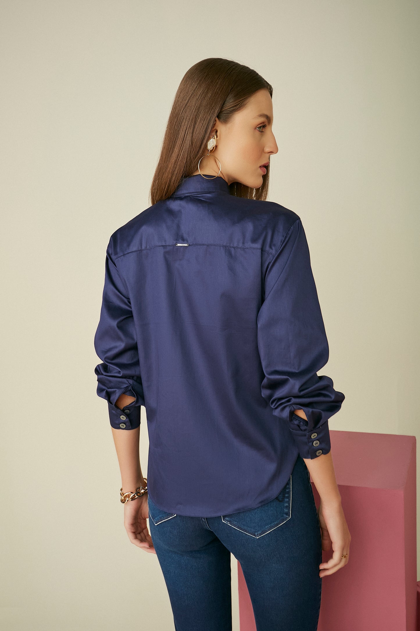 camisa algodão manga longa com pregas