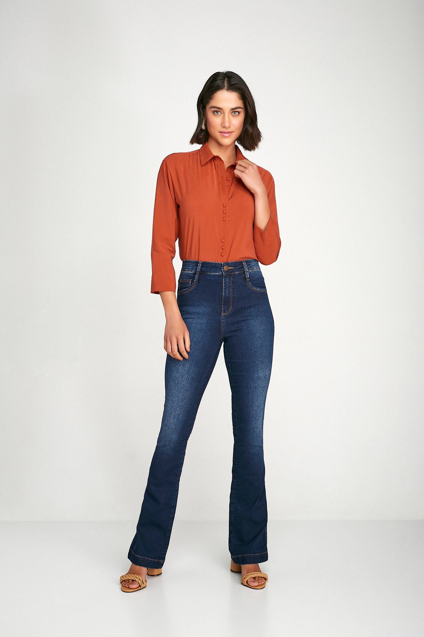 camisa viscose manga 7/8 com botões encapados