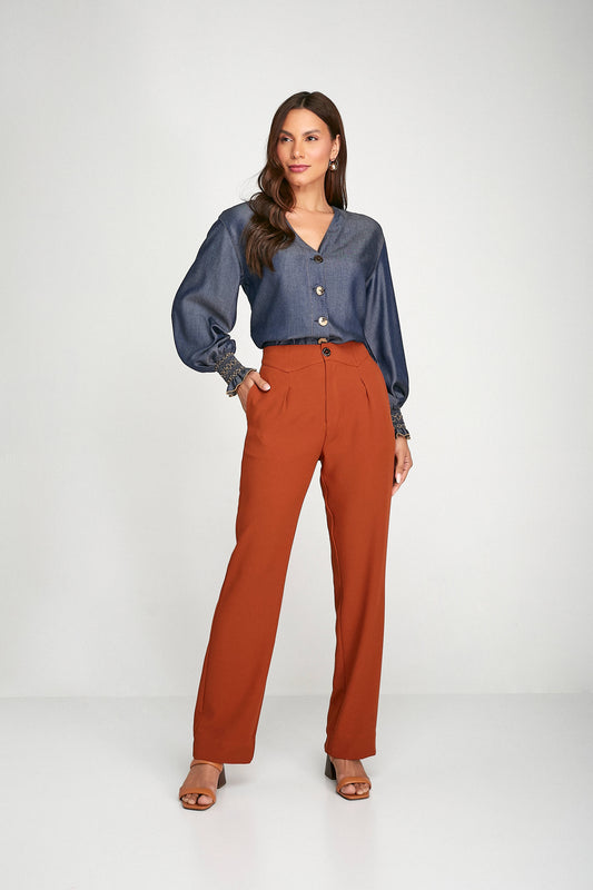 camisa jeans manga longa com bordado
