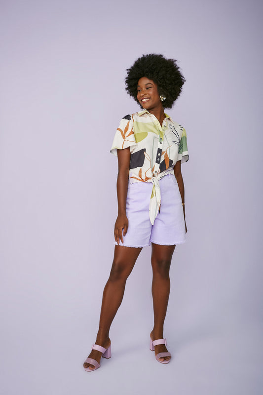 camisa viscose manga curta com amarração estampada