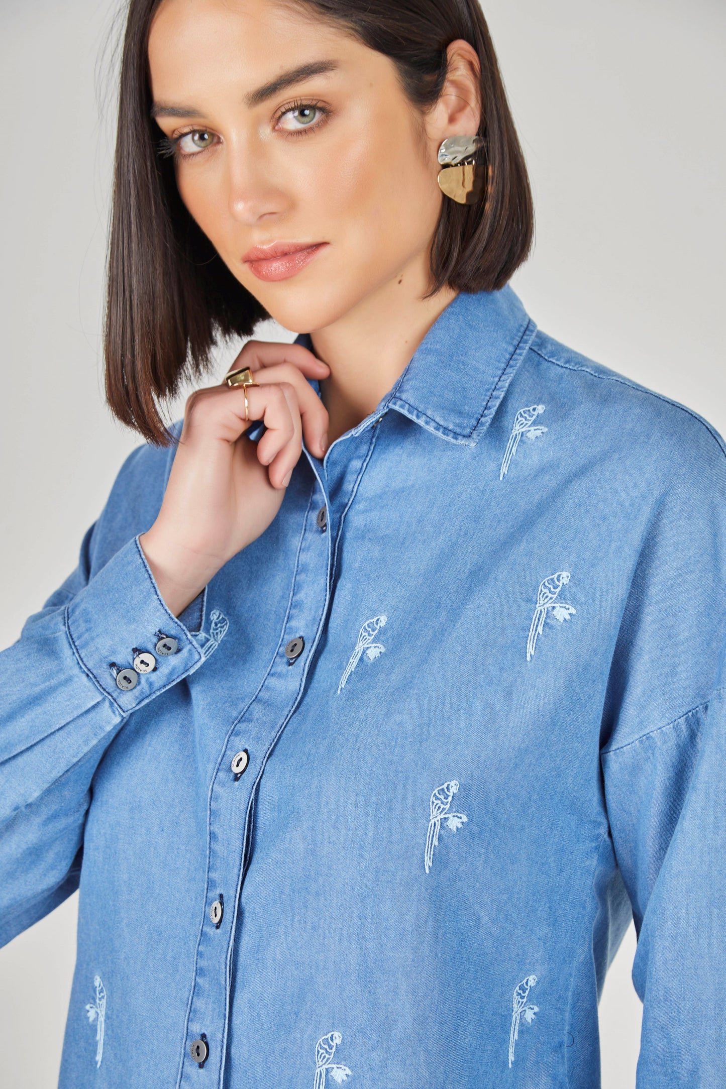 camisa jeans manga longa com bordados