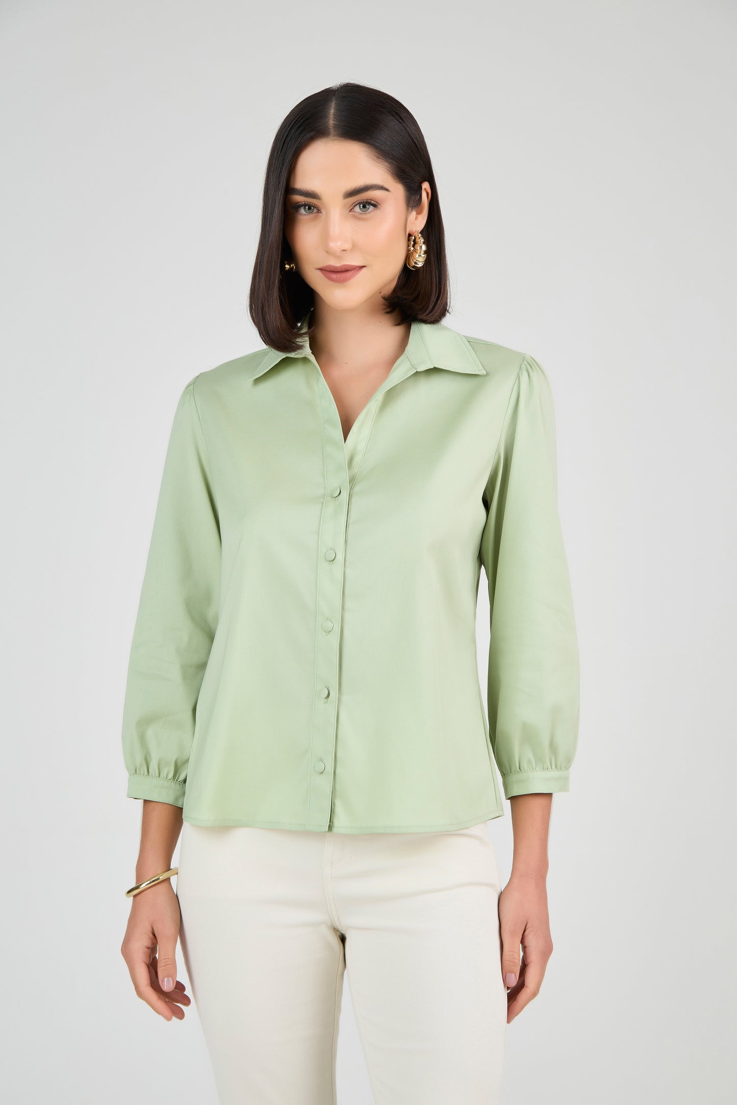 camisa tricoline manga 7/8 com botões encapados