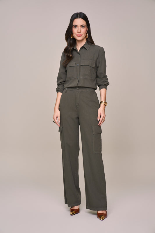 camisa sarja manga longa com bolsos sobrepostos