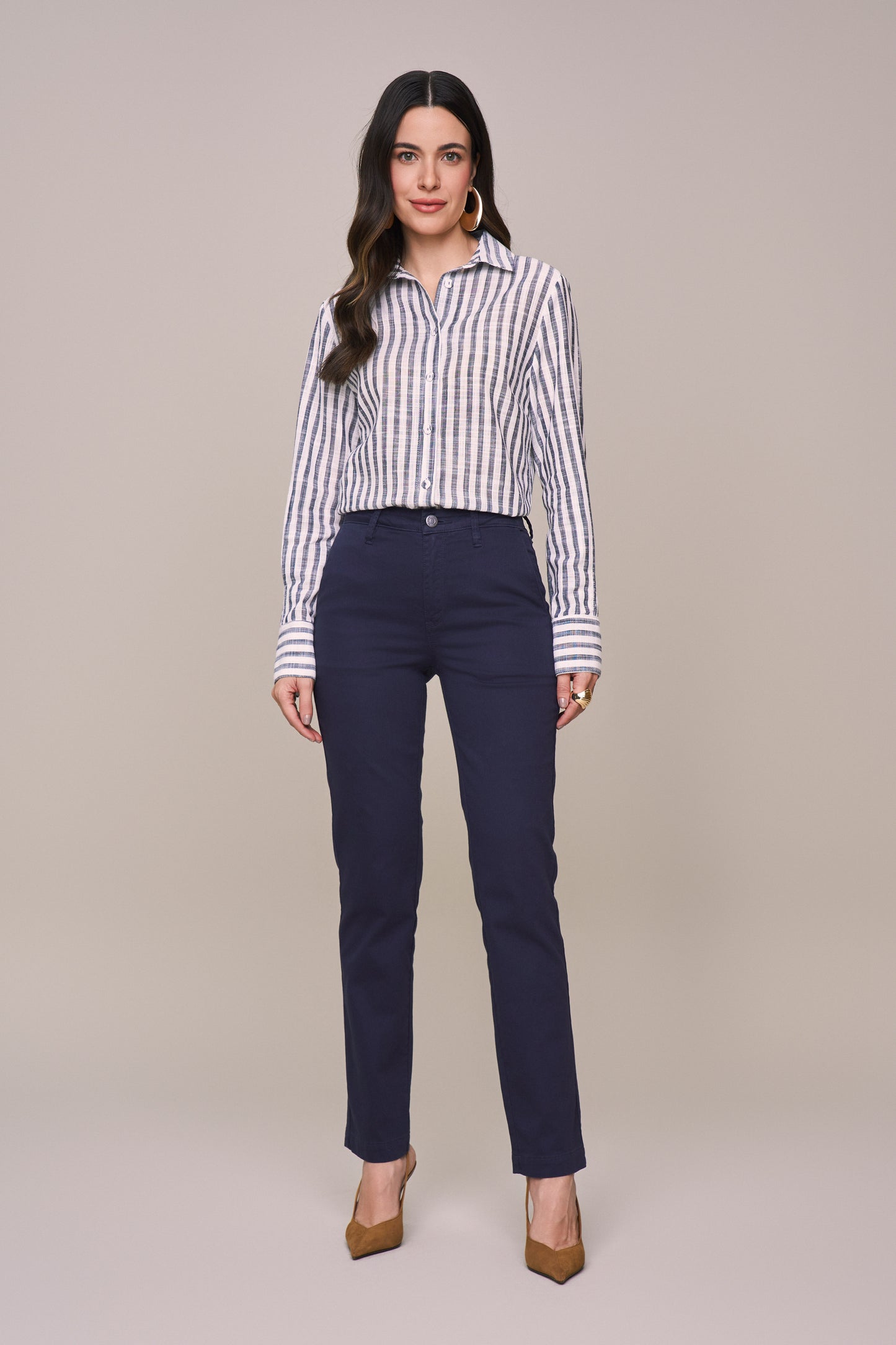 camisa algodão manga longa listrada com botões encapados