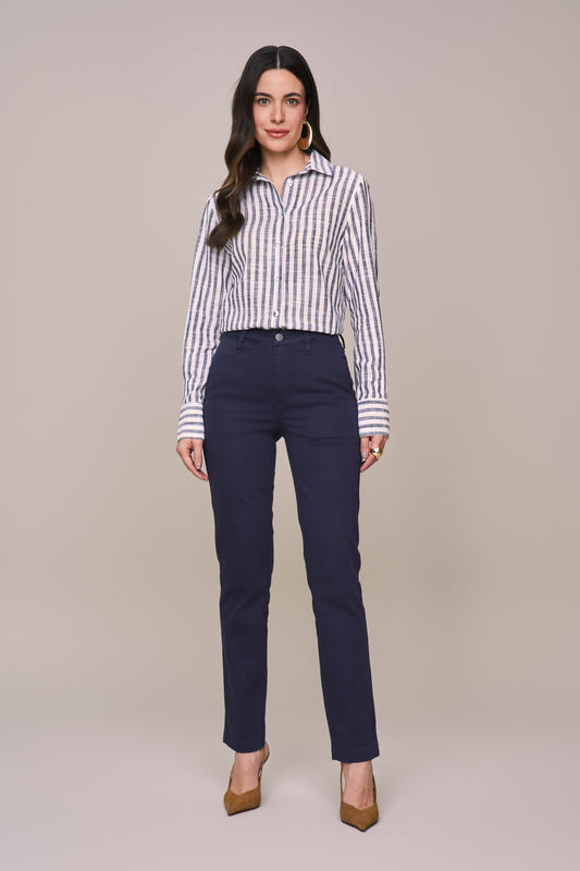 camisa algodão manga longa listrada com botões encapados