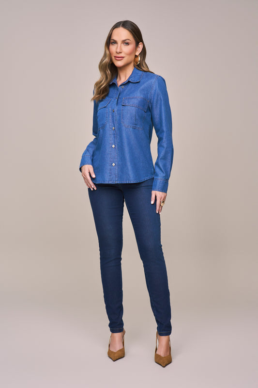 camisa jeans manga longa com bolsos sobrepostos
