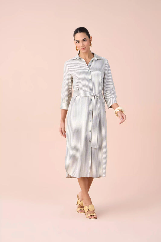 vestido chemise viscose midi manga 3/4 listrado