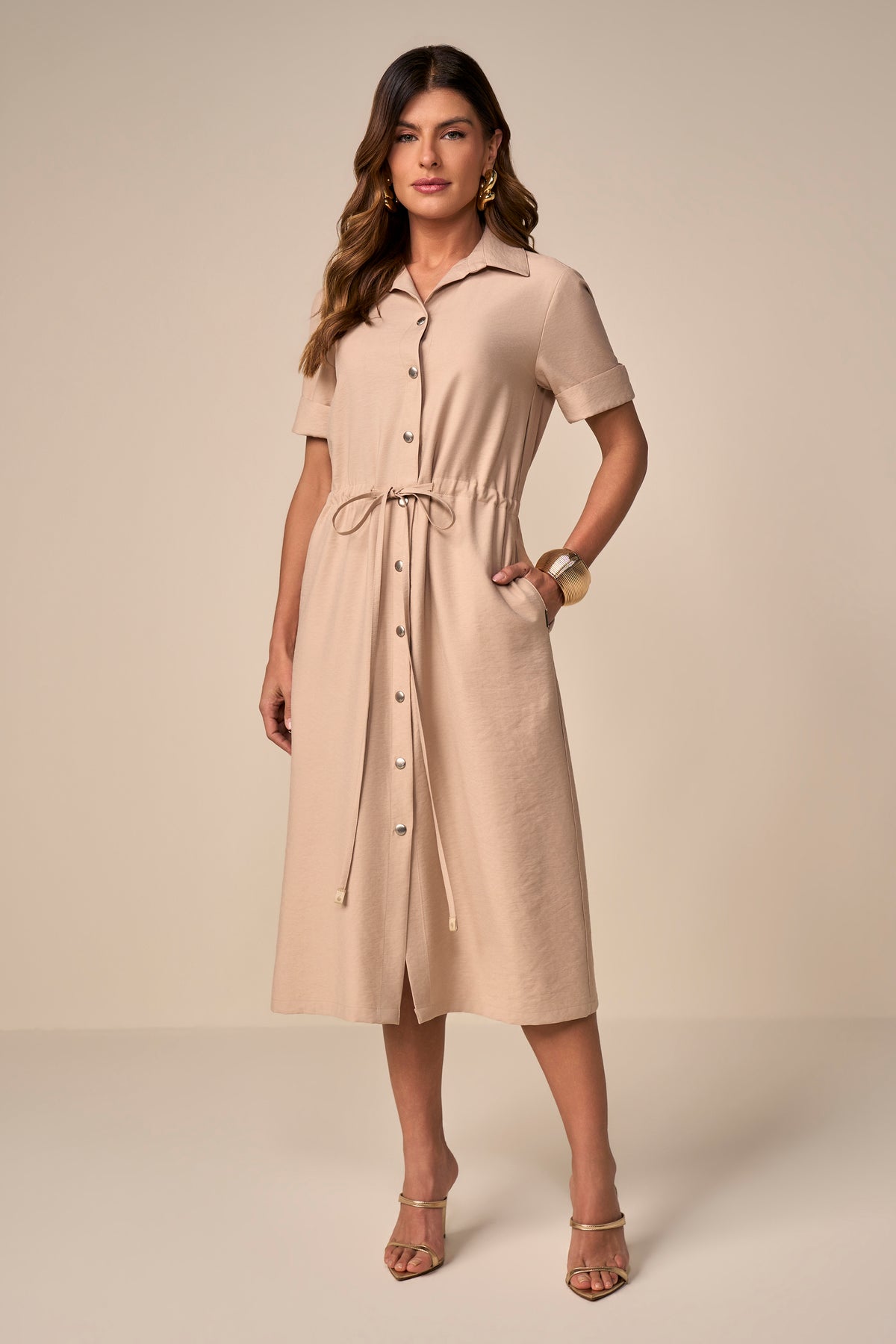 vestido chemise viscose midi manga curta com amarração