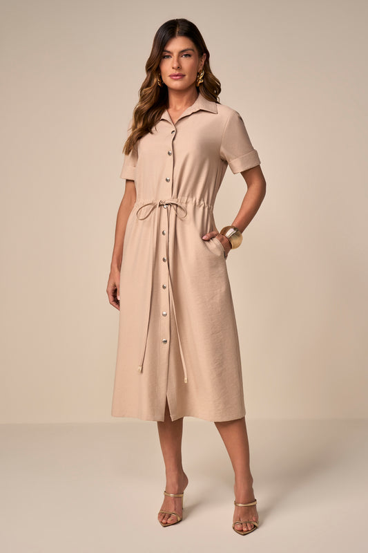 vestido chemise viscose midi manga curta com amarração