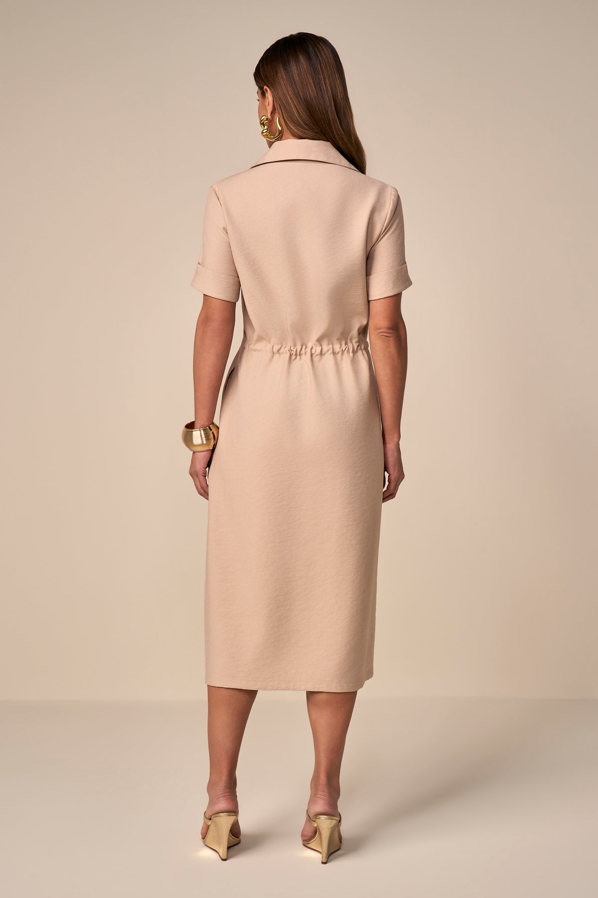 vestido chemise viscose midi manga curta com amarração