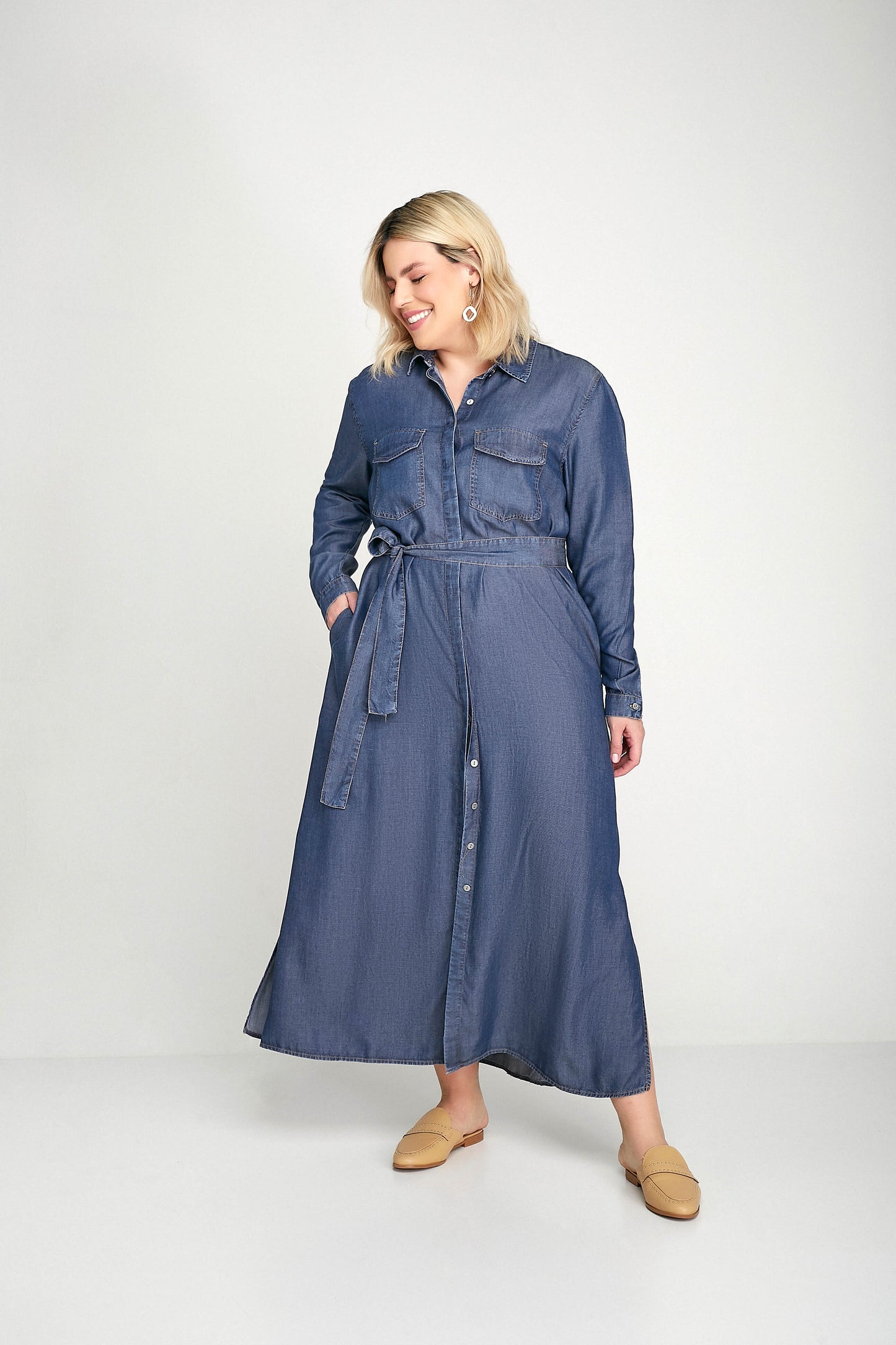 vestido chemise midi jeans manga longa com faixa