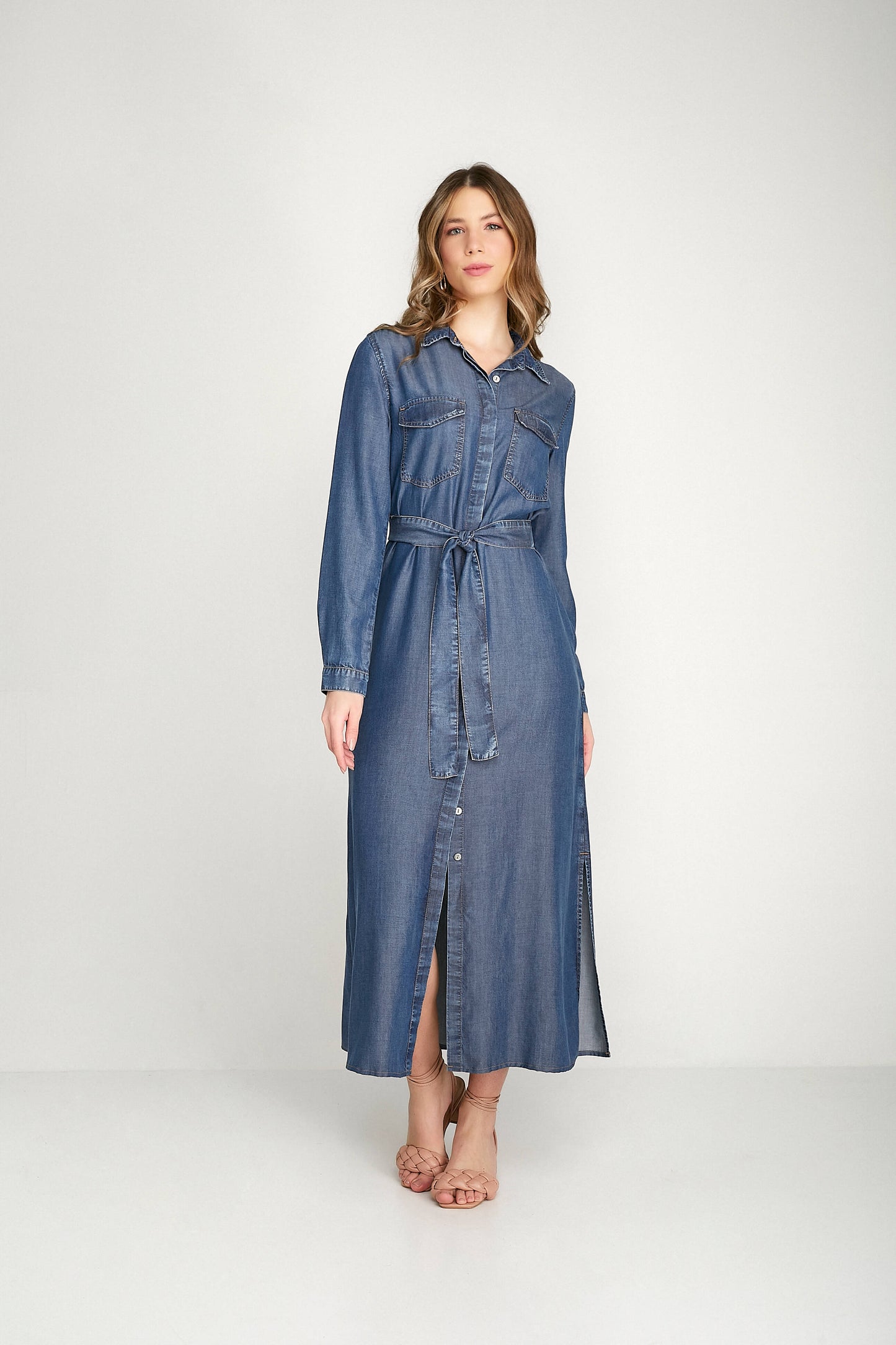 vestido chemise midi jeans manga longa com faixa