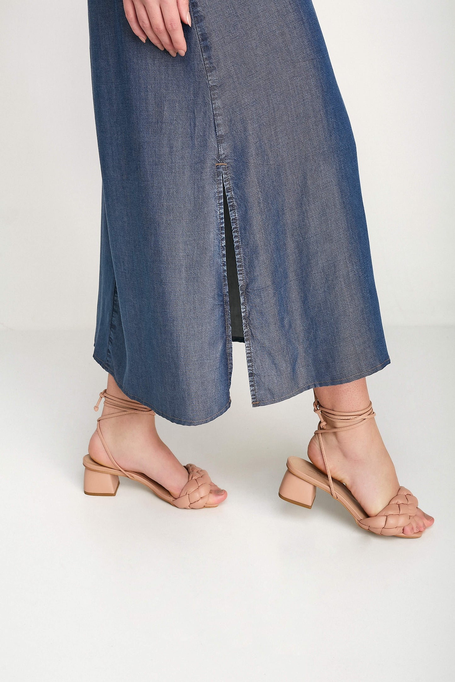 vestido chemise midi jeans manga longa com faixa