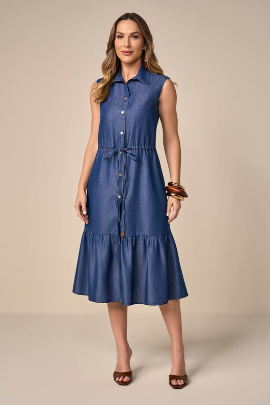 vestido chemise jeans midi alça larga com recorte e amarração