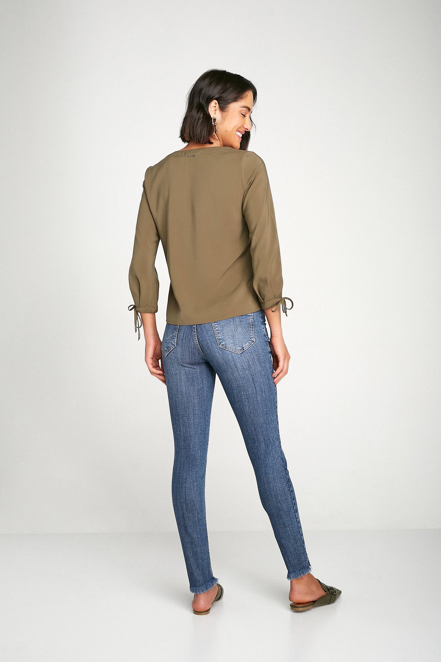 blusa viscose manga 7/8 com amarração