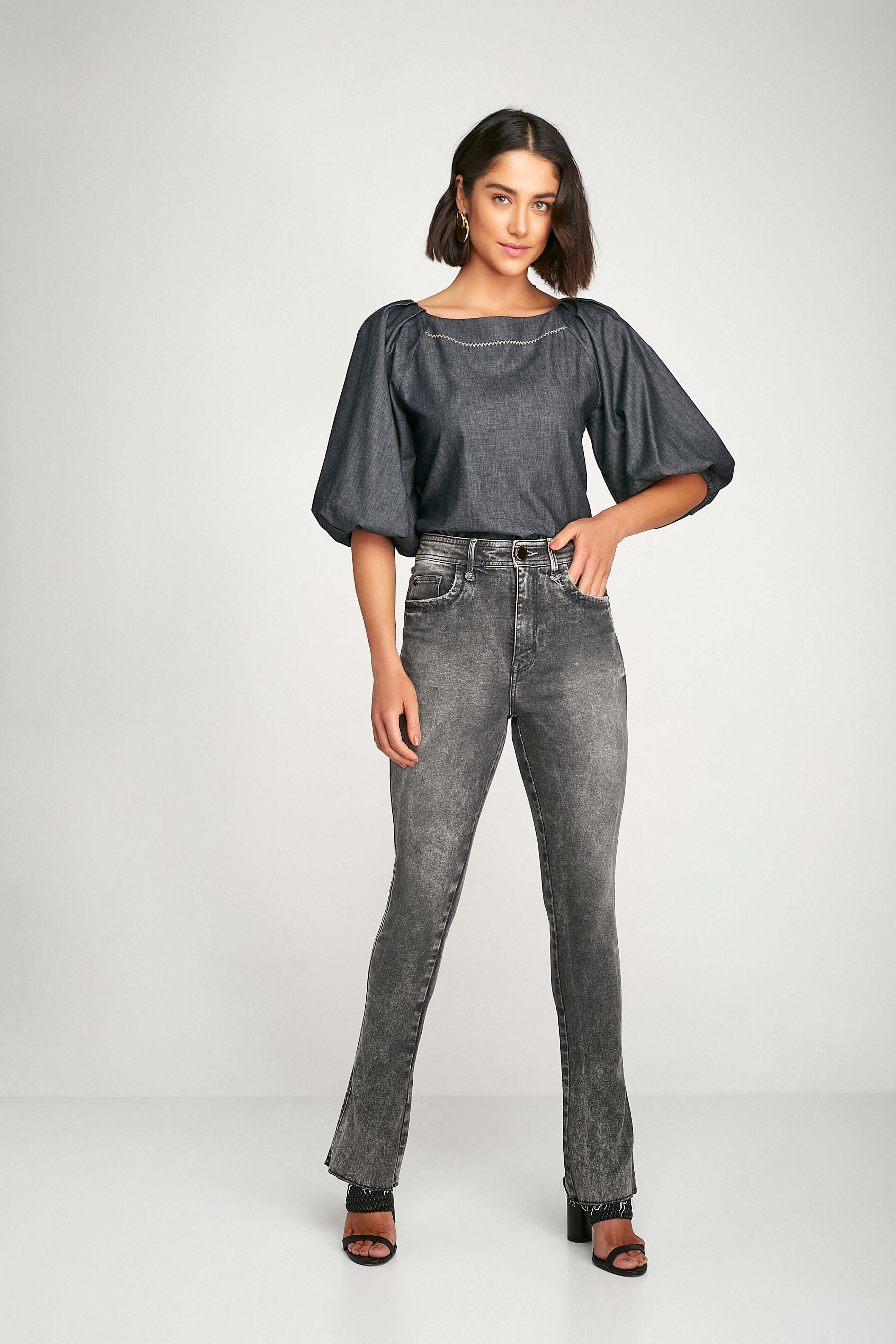 Blusa jeans manga flare best sale