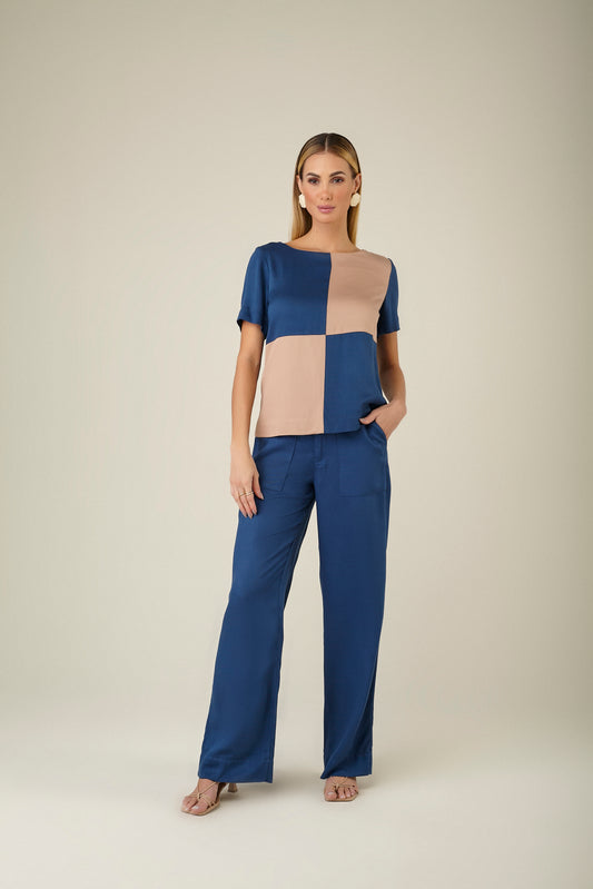 blusa viscose manga curta alfaiataria bicolor