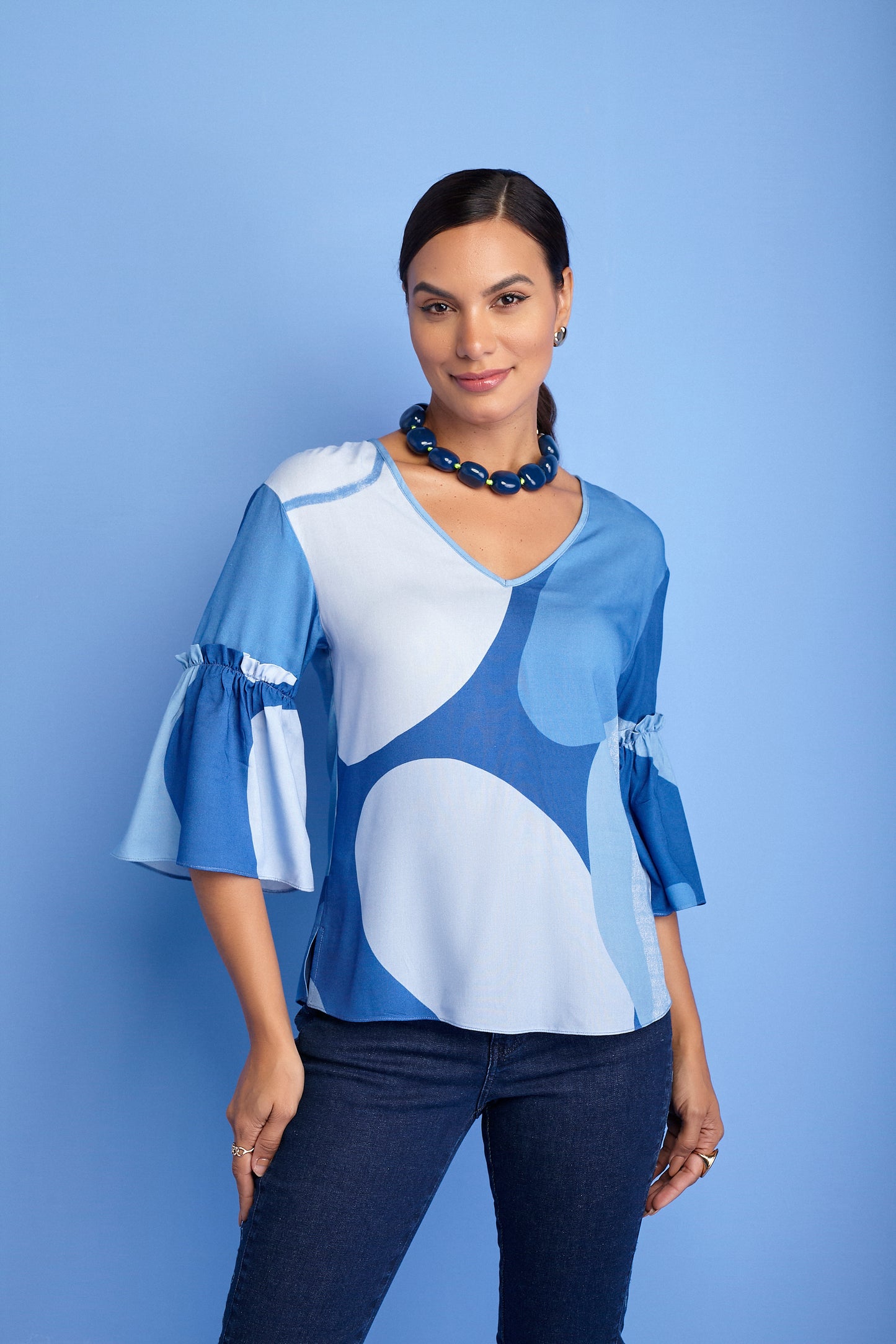 blusa viscose manga 3/4  com babado estampada