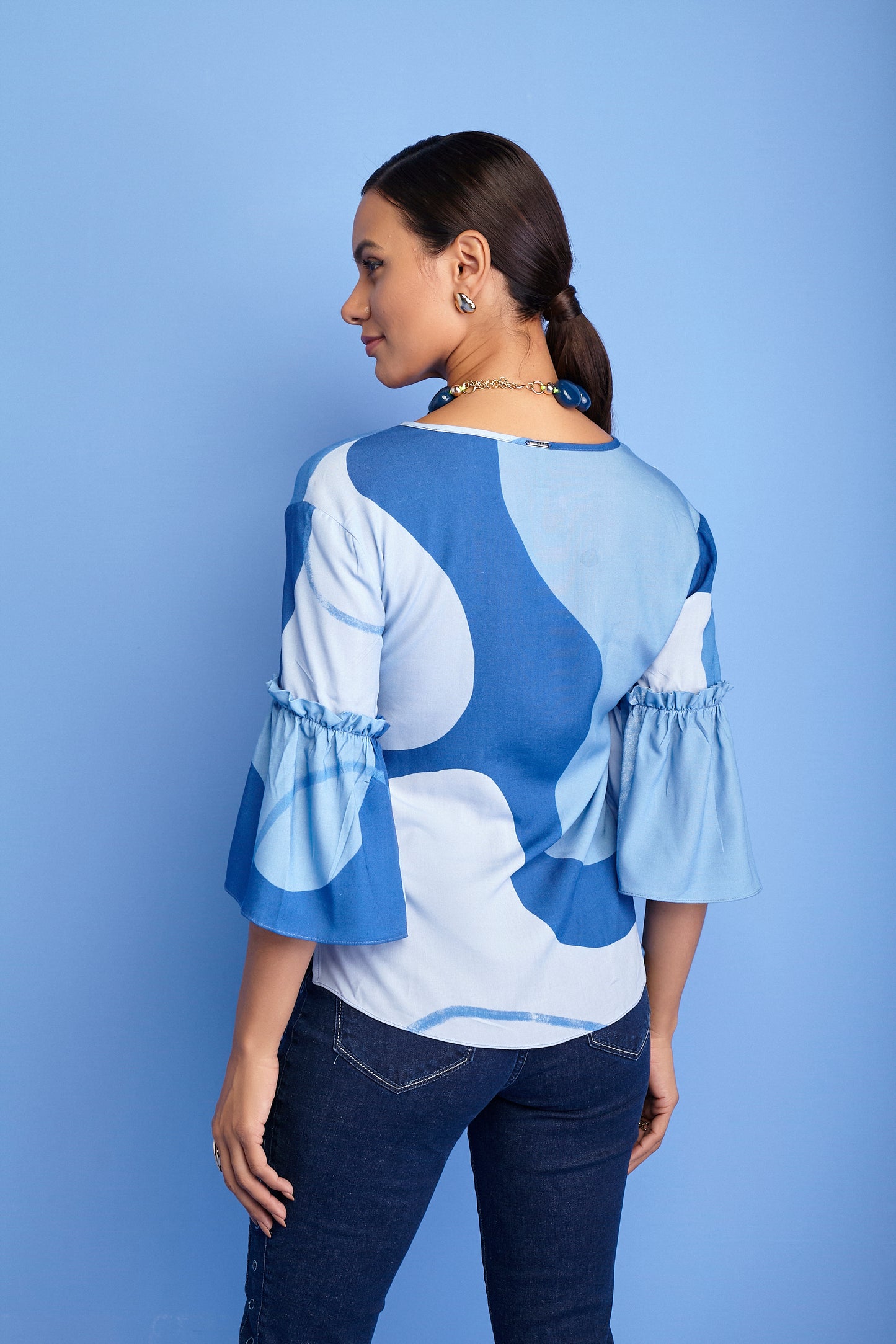 blusa viscose manga 3/4  com babado estampada