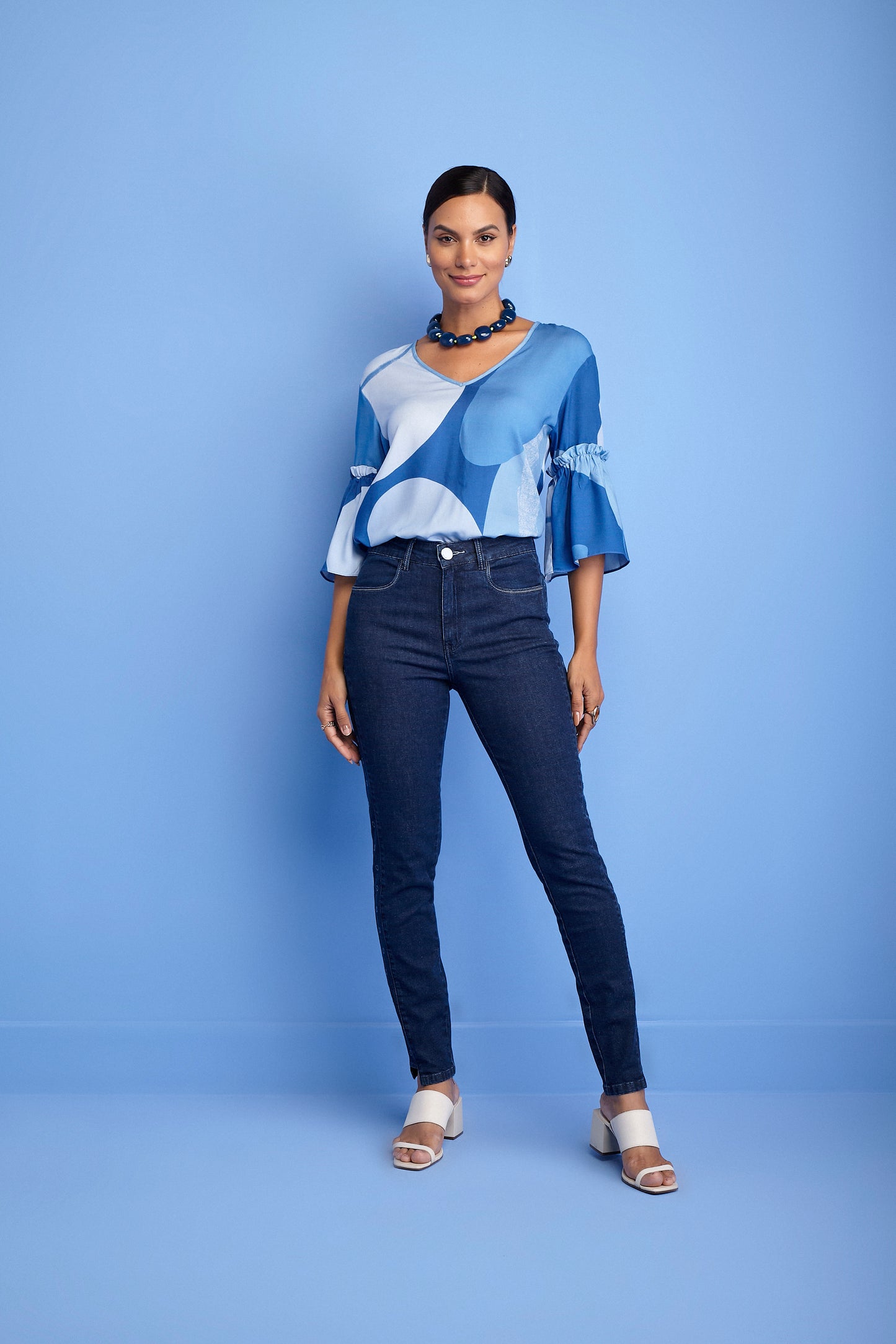 blusa viscose manga 3/4  com babado estampada