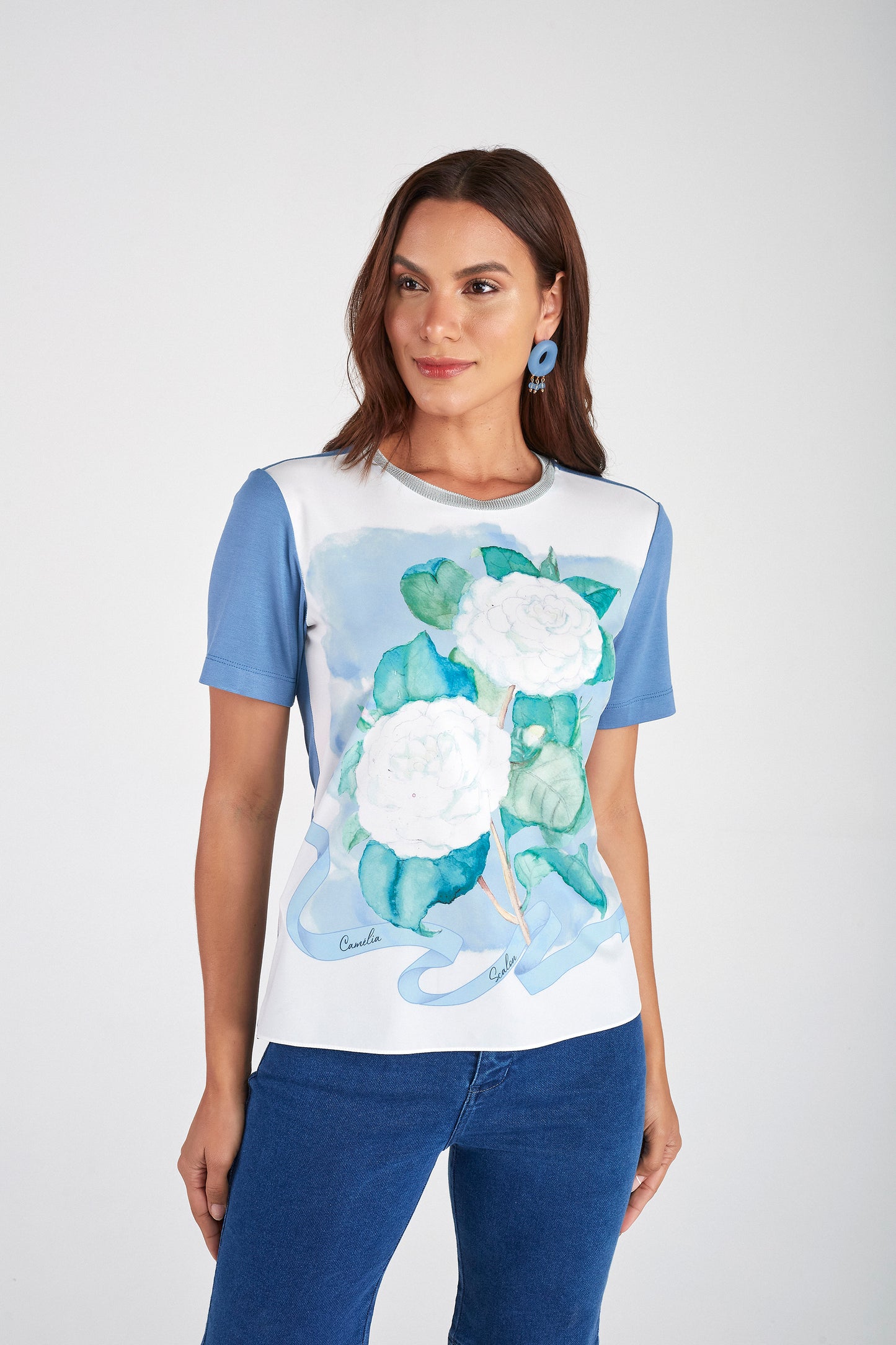 t-shirt malha manga curta com estampa
