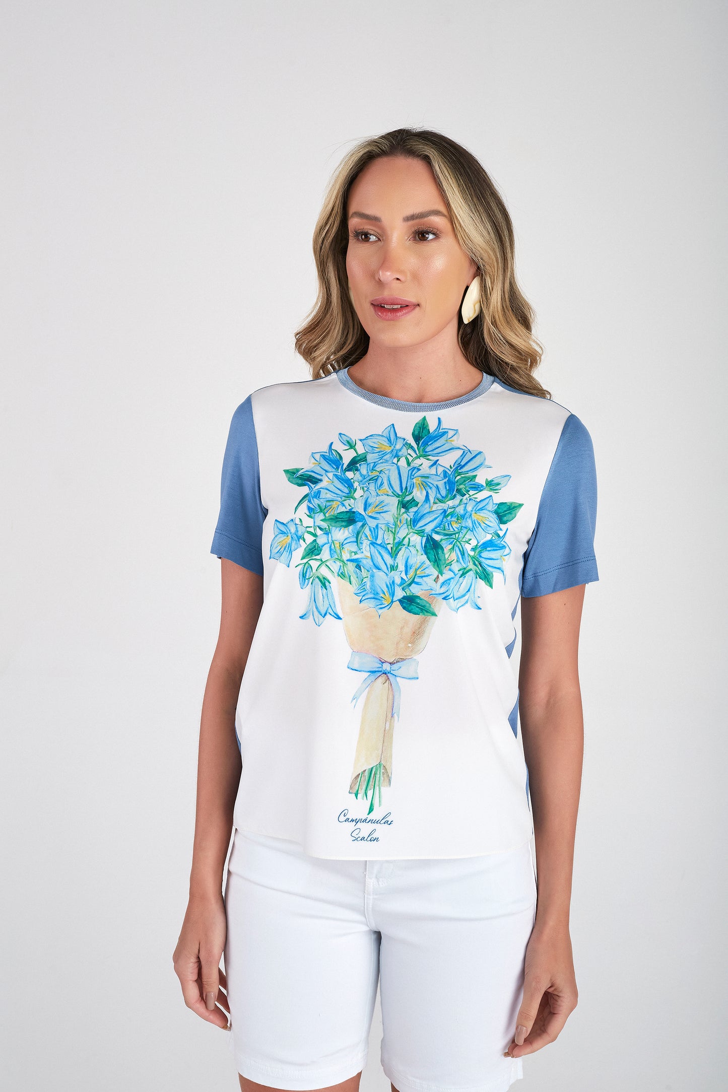 t-shirt malha manga curta com estampa