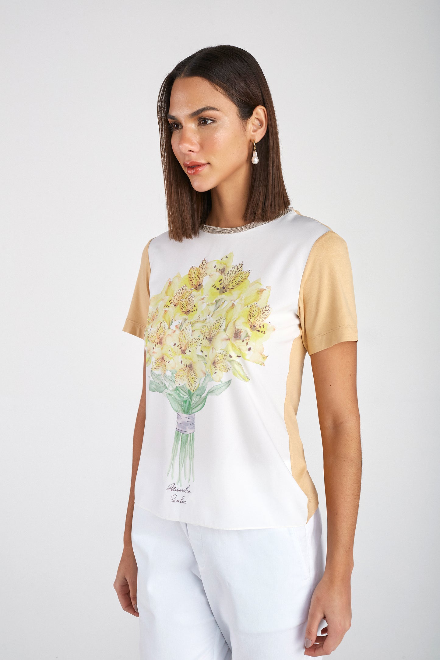 t-shirt malha manga curta com estampa