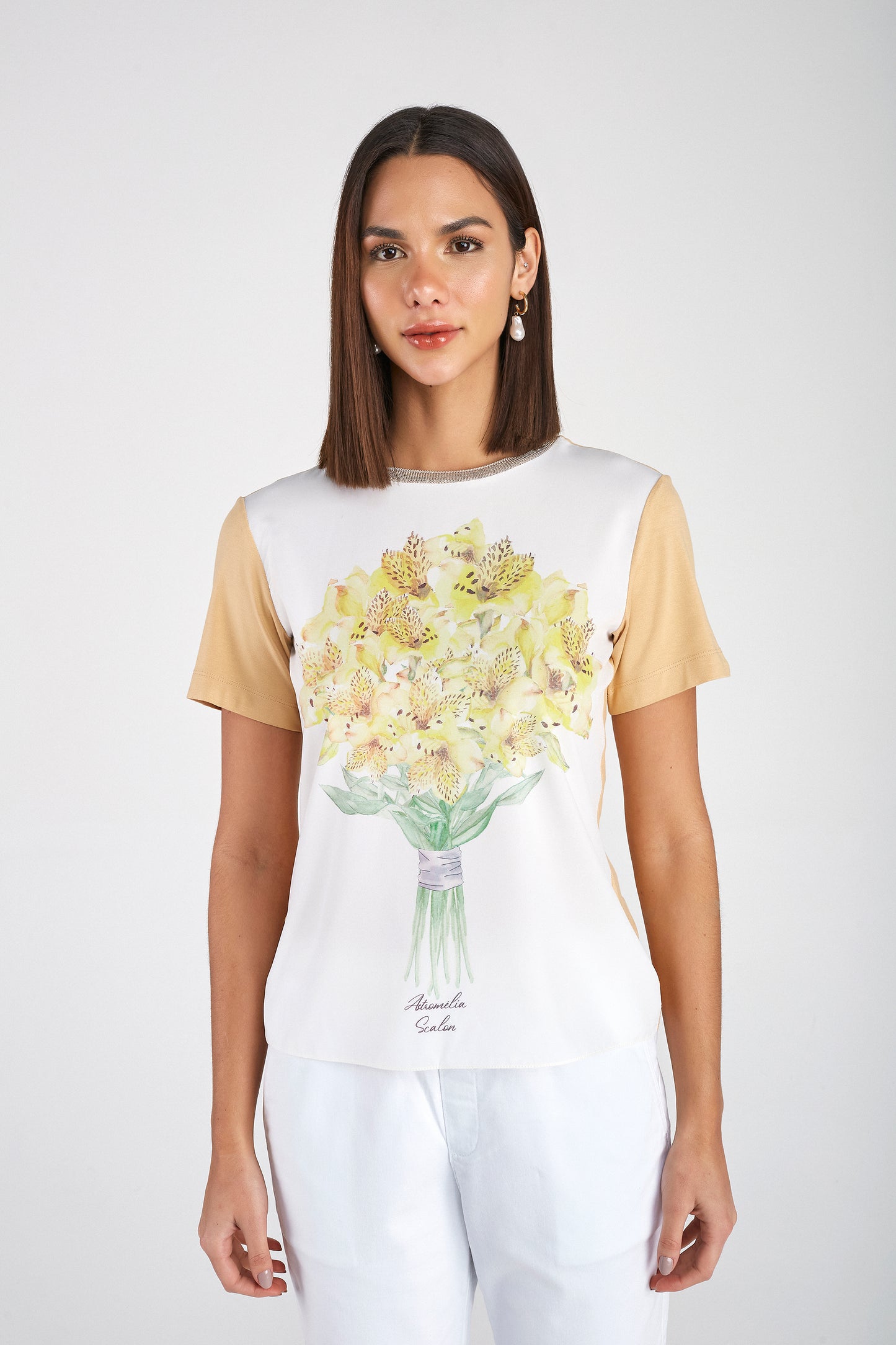 t-shirt malha manga curta com estampa